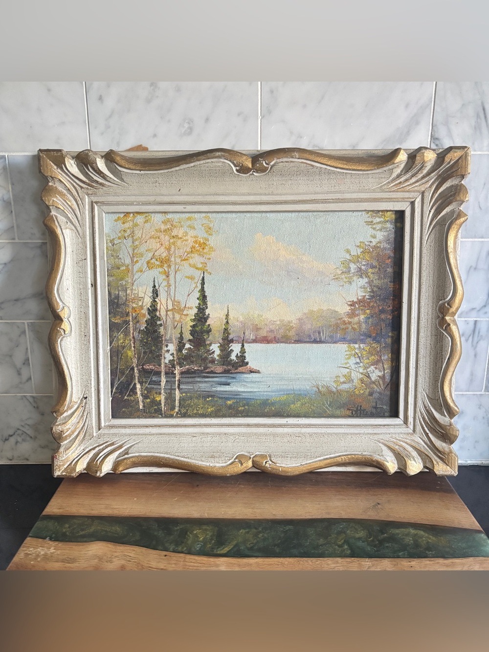 Vintage Framed and Signed Original Painting of Forest Lake Landscape
